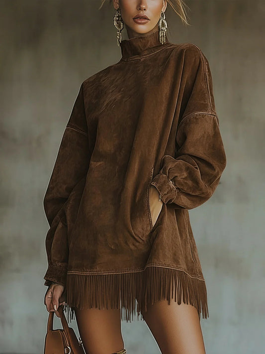 MALIKA | Abito in Faux Suede con Collo Alto e Orlo Frangiato