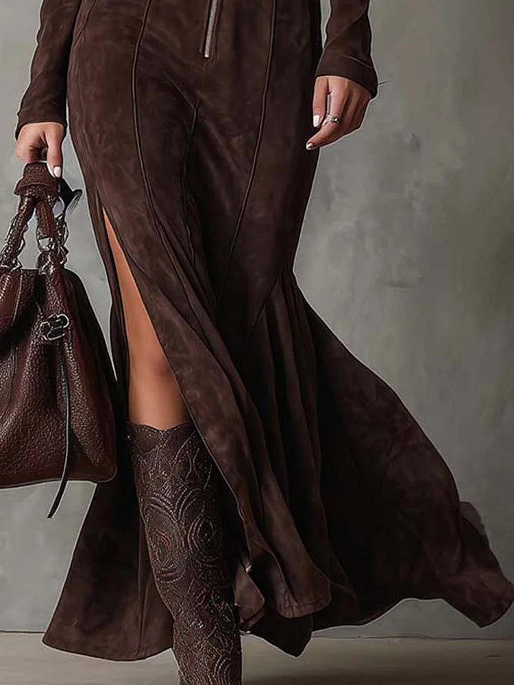 PAMELA | Vestito Maxi Marrone Vintage con Cerniera e Cintura (Include cintura)