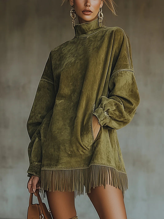 MALIKA | Abito in Faux Suede con Collo Alto e Orlo Frangiato