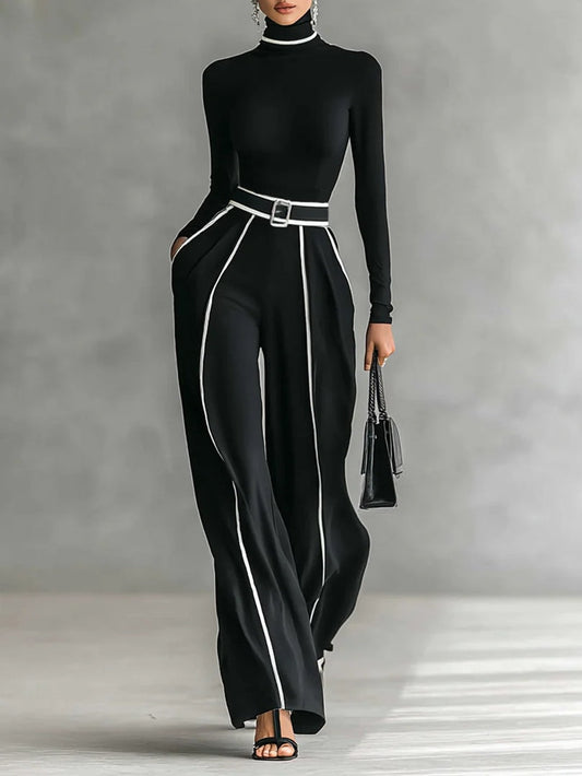 MALENA | Top a maniche lunghe con collo alto e bordi bianchi con pantaloni a gamba larga e cintura