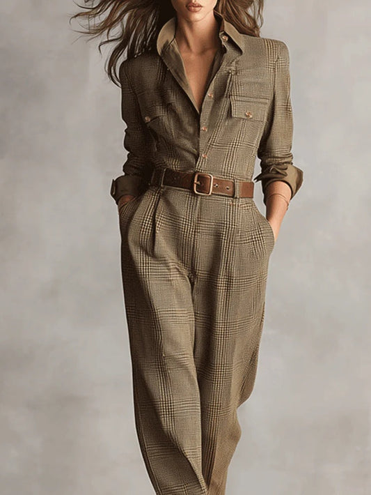 MARTINA | Tuta Utilitaria a Quadri in Tweed Marrone Sofisticato