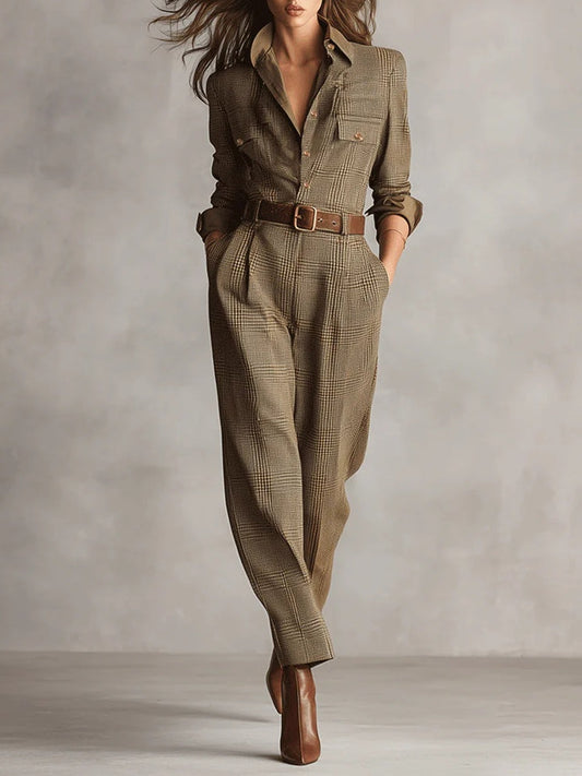 MARTINA | Tuta Utilitaria a Quadri in Tweed Marrone Sofisticato