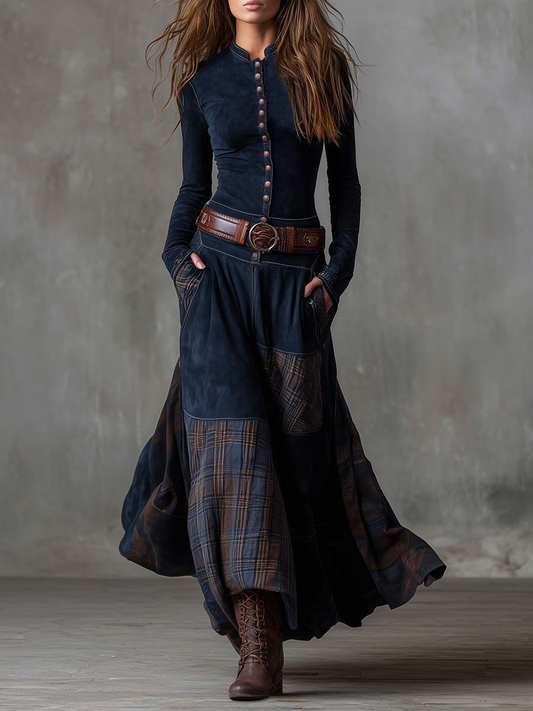NADIA | Abito Maxi Vintage in Suede a Quadri Blu Navy (con cintura)