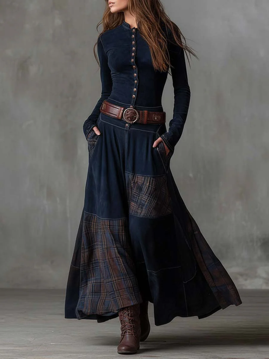 NADIA | Abito Maxi Vintage in Suede a Quadri Blu Navy (con cintura)